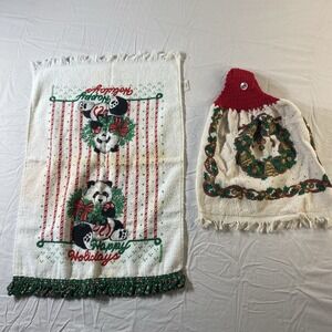 Christmas Kitchen Towel Panda / Holiday Decor Hanging Towel Vintage